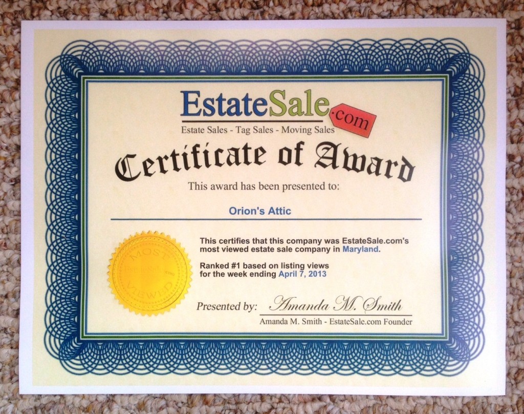 Certificate estatesales fun house