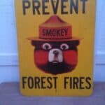 A yellow Prevent Forest Fires sign with black lettering above and below Smokey Bear's face and hat.