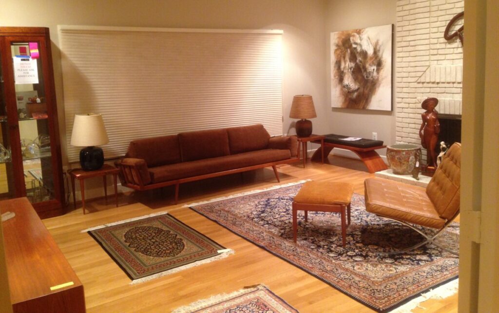 A room full of midcentury modern furniture sits in a Potomac, Maryland living room.