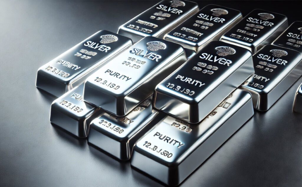 A shiny stack of pure silver bars sits on a gray mat.