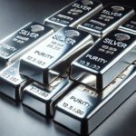 A shiny stack of pure silver bars sits on a gray mat.