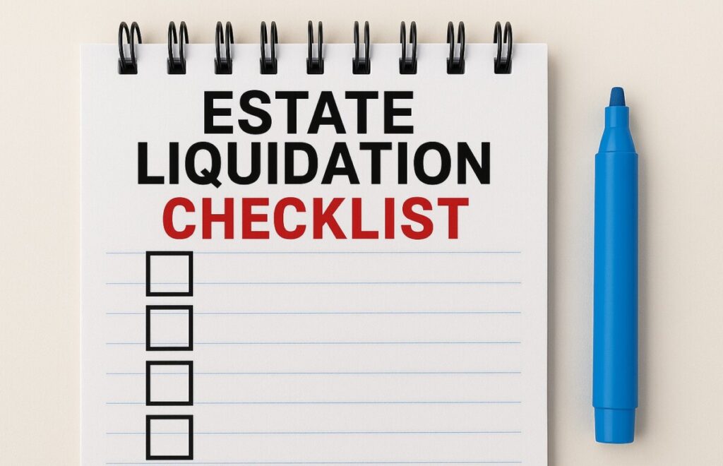 An image of an old-fashioned horizontally ringed binder with the title "estate liquidation checklist" on it followed by a series of boxes.