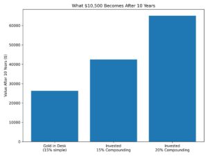A bar chart shows a shocking difference for the better when money sitting around in gold coins is invested at a 15-percent compounding interest return and a 20-percent return