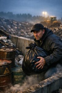 Man carrying a black trash bag near hazardous waste barrels, illustrating illegal dumping of household chemicals.