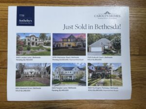 Mailer from Carolyn Homes and TTR Sotheby’s International Realty showing recently sold and pending Bethesda homes, including a property Orion’s Attic helped prepare through downsizing and home cleanout services.