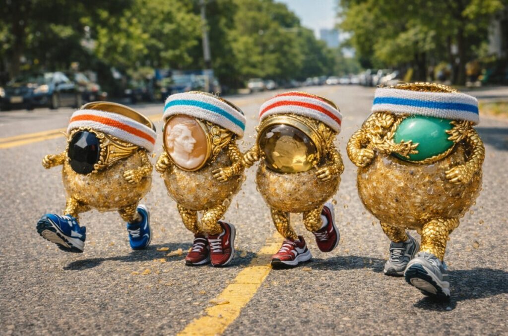 Get your fine jewelry and costume jewelry in motion by selling it now. Image depicts human-like donuts adorned with costume jewelry jogging, complete with sneakers and headbands.
