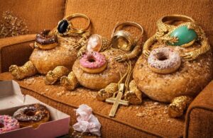 Image of donuts sitting around like lazy couch potatoes, wearing jewelry, and getting fat.